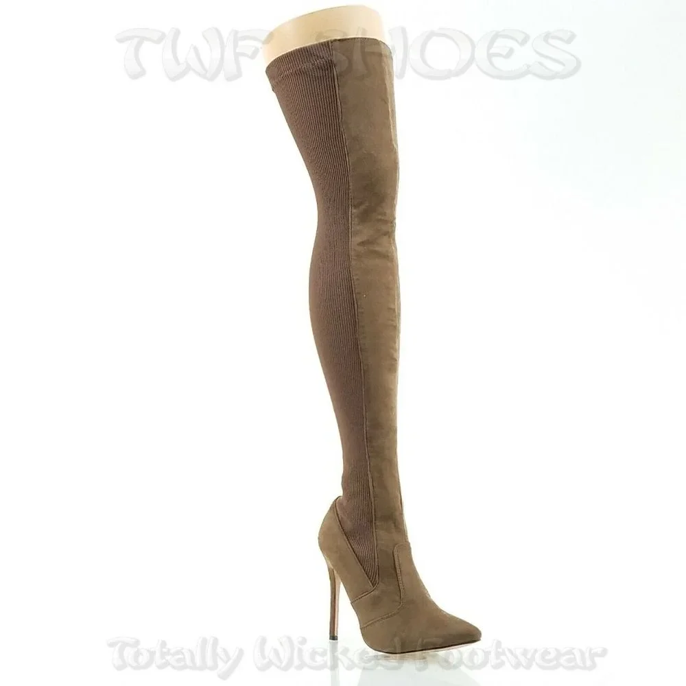 Brand New Chase Taupe Knit / Faux Suede Stretch OTK High Heel Thigh Boots